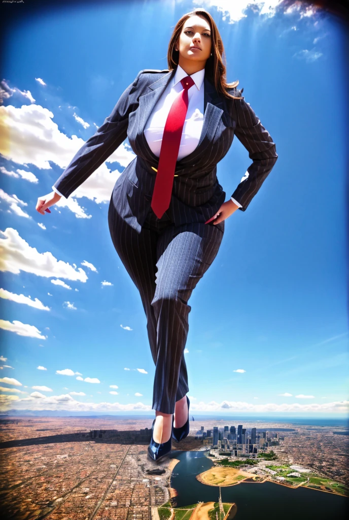 Looking up at the approaching young giantess, Giantess art, 500 miles tall giga giantess, young sophisticated and stylish woman in a light grey italian pinstriped trouser suit, form fitting crisp office shirt, and a large wide blue necktie in a windsor knot, with a beautiful, curvaceous figure, large natural breasts, and long wavey blonde hair, with a curvaceous figure and massive breasts. wearing blue rounded court high heels with uncovered feet and standing, rampage-like pose, with a city skyscrapers background of mega-city, skyscapers, partially obscured by a hazy, cloudy atmosphere. The image is a high-resolution, masterpiece-quality, cinematic, ultra-detailed, and hyper-photorealistic photograph, with perfect hands, face, and lighting. ultra-detailed, 8K, photo-realistic, hyper-realistic, masterpiece, intricate details, full body view. Looking at camera, The image is a high-resolution, masterpiece-quality, cinematic, ultra-detailed, and hyper-photorealistic photograph, with perfect hands, face, and lighting. ultra-detailed, 8K, photo-realistic, hyper-realistic, masterpiece, intricate details,