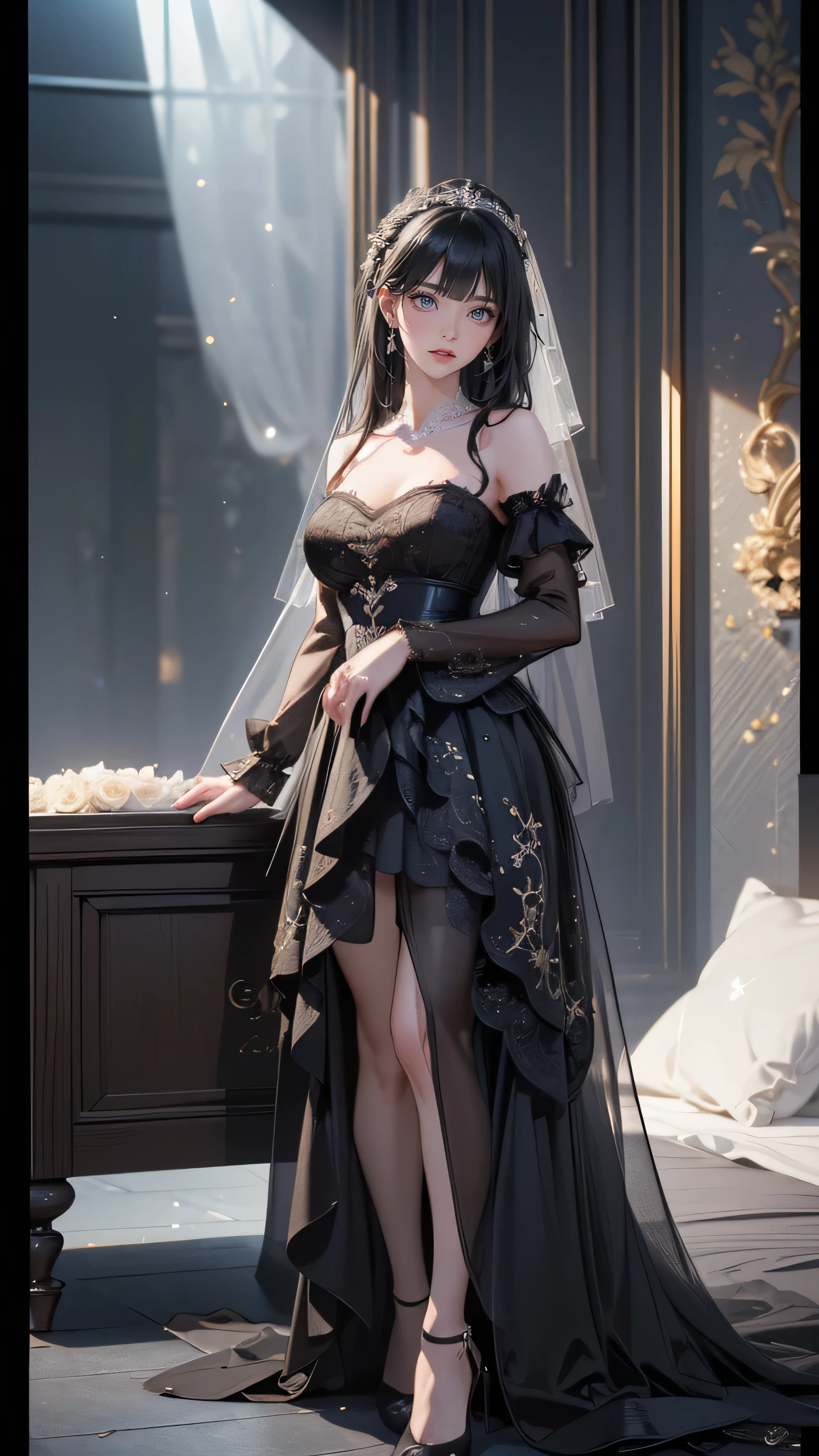 Full body, (random porn pose),(Highest image quality,(8k),ultra-realistic,best quality, Short black hair, high quality, high definition, high quality texture,high detail, beautiful detailed,fine detailed,extremely detailed cg,detailed texture,a realistic representation of the face,masterpiece,Sense of presence), Black wedding dress, wedding room, wedding building