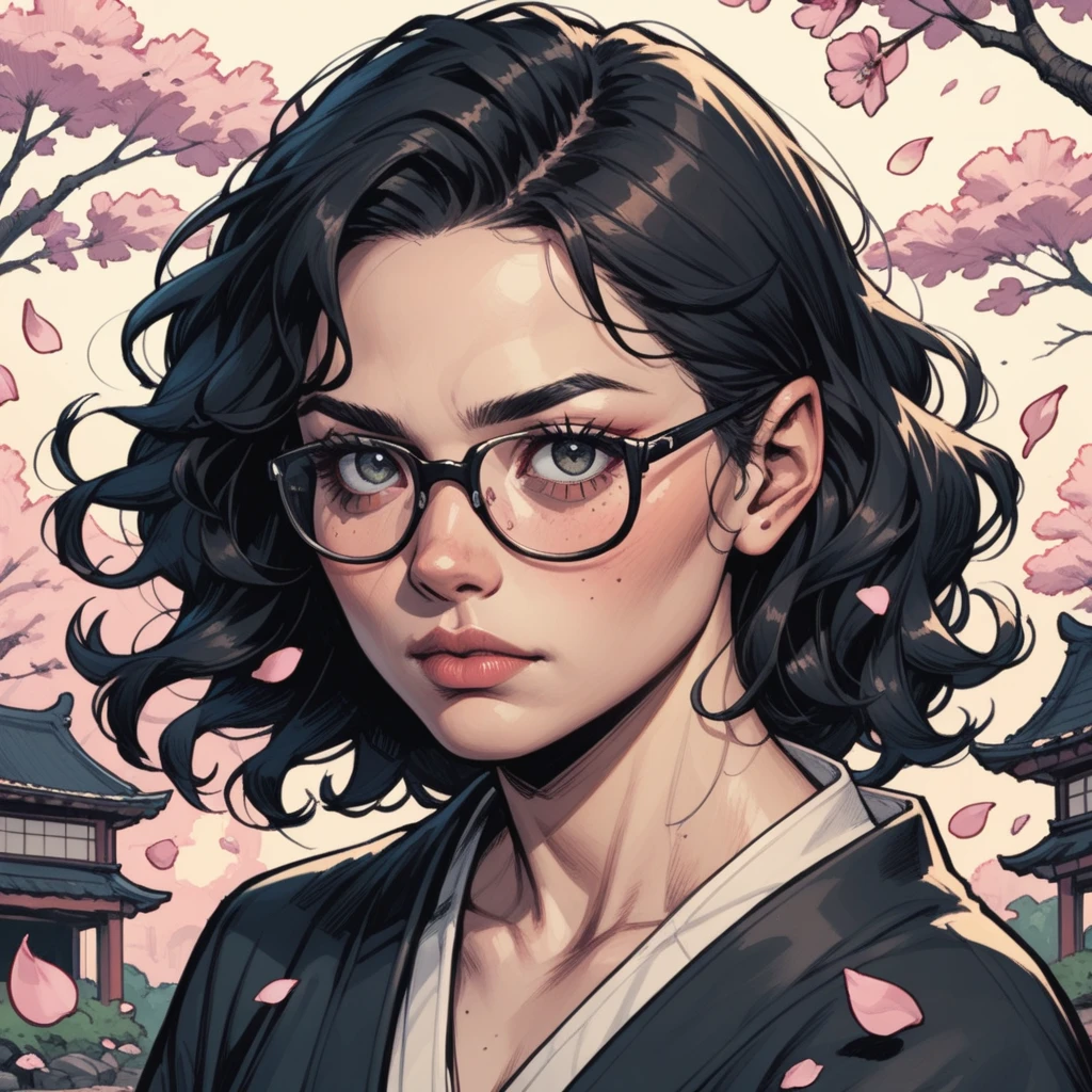 A Japanese woman with wavy black hair born from cherry blossom petals. She is wearing a black kimono and glasses. American comic book style. Dark picture