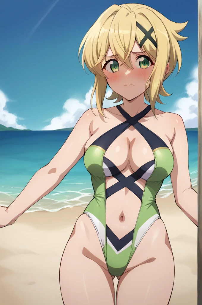 masterpiece,best quality,detailed beautiful face,Akatsuki Kirika,{{{megami magazine}}},short hair,blonde hair,green eyes,hair between eyes,x hair ornament,medium breasts,
((light green swimsuit high leg swimsuit,slingshot swimsuit,criss-cross halter,cleavage,navel)),
1girl,(is embarrassing,big blush,closed mouth:1.0),
((standing,cowboy shot,looking at viewer:1.2)),
(beach side:1.0),clothed
