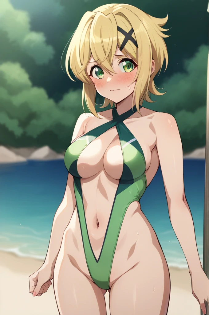 masterpiece,best quality,detailed beautiful face,Akatsuki Kirika,{{{megami magazine}}},short hair,blonde hair,green eyes,hair between eyes,x hair ornament,medium breasts,
((light green swimsuit high leg swimsuit,slingshot swimsuit,criss-cross halter,cleavage,navel)),
1girl,(is embarrassing,big blush,closed mouth:1.0),
((standing,cowboy shot,looking at viewer:1.2)),
(beach side:1.0),clothed
