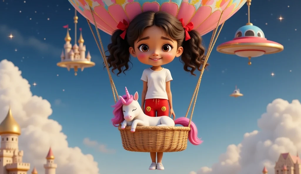 Style: Inspired by Disney-Pixar movie posters, featuring vibrant and harmonious colors. The      design appeals to ren and families, evoking magic and emotion.
Central Character: A  girl with fair, tanned skin and mixed-race features. Her hair IS VERY CURLY, NEATLY KEPT CURLS, tied in two ponytails with red ribbons. She wears a simple white T-shirt and red pajama pants with yellow emoji details.
Action: The girl is sleeping with closed eyes and sweet smile, in a basket attached to a floating balloon, hugging a small, sleeping unicorn.
Magical Details: surreal night, The balloon is designed in a pop-art style with colorful and shiny patterns. In the sky, a golden floating castle surrounded by clouds and a 1950s-style flying saucer add a touch of fantasy. The clouds subtly sparkle with golden stars.

