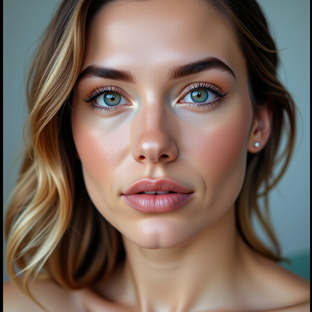 A close-up portrait of a woman with natural makeup, soft lighting, and a serene expression, Realism, Soft focus, Warm colors, Soft, diffused light from the front, Lens type: 85mm, Aperture: f/1.8, Hasselblad Camera