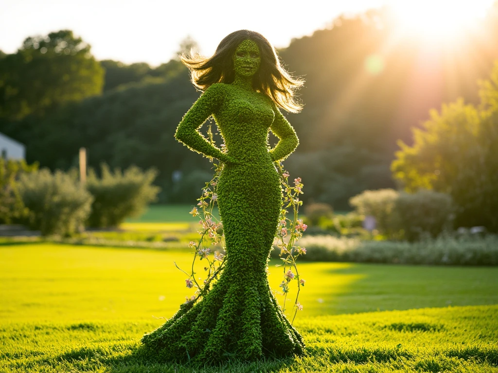 ((masterpiece)) ((photography)) ((Highest quality))  a realistic  cinematic highly detailed illustration of a single topiary shaped like the silhouette of a woman. The figure stands elegantly, her posture exuding grace and confidence. Every curve of her body is intricately sculpted with precise leafwork, while her "hair" cascades in flowing vines adorned with small, blooming flowers. The topiary is illuminated by a bright, golden sunlight that highlights every detail, casting a crisp shadow on the soft grass below. The setting is simple yet refined, ensuring all attention is drawn to the artistry of the sculpture.