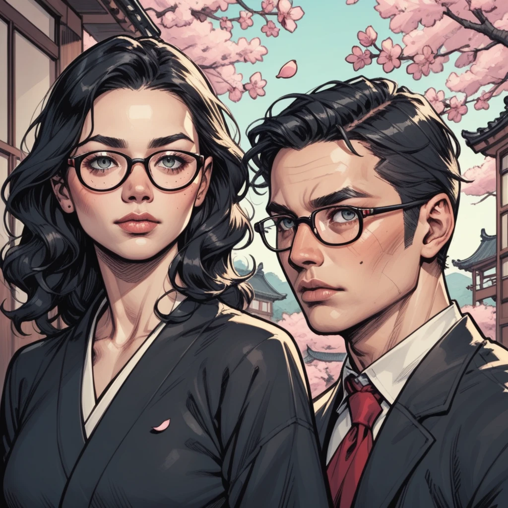 A Japanese woman with wavy black hair borA Japanese woman with wavy black hair and a Japanese man with straight black hair born from among the cherry blossoms. The woman is wearing a black kimono and glasses. The man is wearing a black suit and glasses. American comic style.n from cherry blossom petals. She is wearing a black kimono and glasses. American comic book style. Dark picture