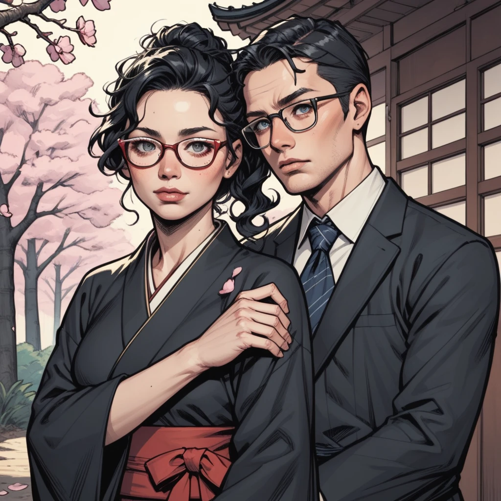 A Japanese woman with wavy black hair borA Japanese woman with wavy black hair and a Japanese man with straight black hair born from among the cherry blossoms. The woman is wearing a black kimono and glasses. The man is wearing a black suit and glasses. American comic style.n from cherry blossom petals. She is wearing a black kimono and glasses. American comic book style. Dark picture