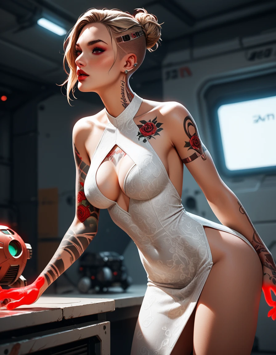 "((Masterpiece, top quality, high resolution, highly detailed CG unified 8K wallpaper, photorealistic, Raw photo, 8K)), heavy breasted girl in chaotic city street wearing nothing during a zombie outbreak, inspired by Resident Evil. Infected zombies roam the streets, attacking civilians as buildings burn in the background. A lone survivor, heavily armed, stands ready with a grim expression, aiming at the approaching horde. The scene is intense and terrifying, with flickering streetlights and shadows creating a suspenseful atmosphere. High resolution, 4K."
