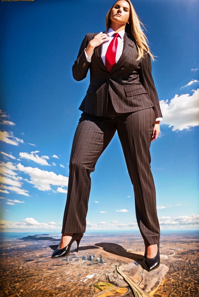 Looking up at the approaching young giantess, Giantess art, 500 miles tall giga giantess, young sophisticated and stylish woman in a light grey italian pinstriped trouser suit, form fitting crisp office shirt, and a large wide blue necktie in a windsor knot, with a beautiful, curvaceous figure, large natural breasts, and long wavey blonde hair, with a curvaceous figure and massive breasts. wearing blue rounded court high heels with uncovered feet and standing, rampage-like pose, with a city skyscrapers background of mega-city, skyscapers, partially obscured by a hazy, cloudy atmosphere. The image is a high-resolution, masterpiece-quality, cinematic, ultra-detailed, and hyper-photorealistic photograph, with perfect hands, face, and lighting. ultra-detailed, 8K, photo-realistic, hyper-realistic, masterpiece, intricate details, full body view. Looking at camera, The image is a high-resolution, masterpiece-quality, cinematic, ultra-detailed, and hyper-photorealistic photograph, with perfect hands, face, and lighting. ultra-detailed, 8K, photo-realistic, hyper-realistic, masterpiece, intricate details,