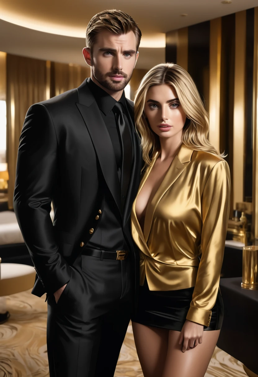 Create images of a couple in love. She has perfect golden hair, basic makeup, and is wearing a black dress. He is very handsome, strong and wears a black suit. The two of them are in a luxurious room, there is no flaw on their face, they are perfect, her eyes are blue and his is black, there is no flaw on the face