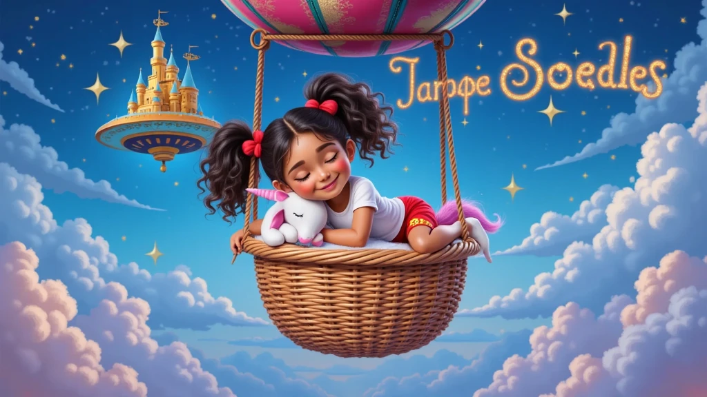 Style: Inspired by Disney-Pixar movie posters, featuring vibrant and harmonious colors. The      design appeals to ren and families, evoking magic and emotion.
Central Character: A  girl with fair, tanned skin and mixed-race features. Her hair IS VERY CURLY, NEATLY KEPT CURLS, tied in two ponytails with red ribbons. She wears a simple white T-shirt and red pajama pants with yellow emoji details.
Action: The girl is sleeping with closed eyes and sweet smile, in a basket attached to a floating balloon, hugging a small, sleeping unicorn.
Magical Details: surreal night, The balloon is designed in a pop-art style with colorful and shiny patterns. In the sky, a golden floating castle surrounded by clouds and a 1950s-style flying saucer add a touch of fantasy. The clouds subtly sparkle with golden stars.

