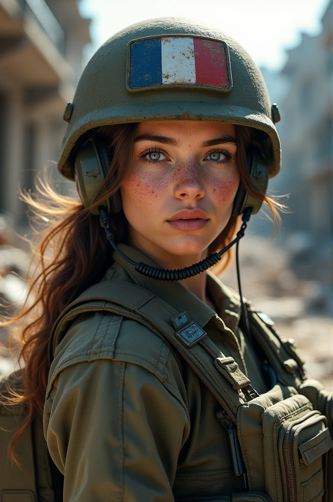 Close-up of a ((extremely beautiful girl warior)) , half human, half beast, their faces partially obscured by military helmets. Their eyes are filled with sadness and longing. The background is a trail of blood and violence. SHe wears a mechanized robot armor, carved with animal elements, human skulls. The sky is filled with swirling, fiery clouds. The photo conveys a strong sense of the warrior's appearance, ((brightly smiling))