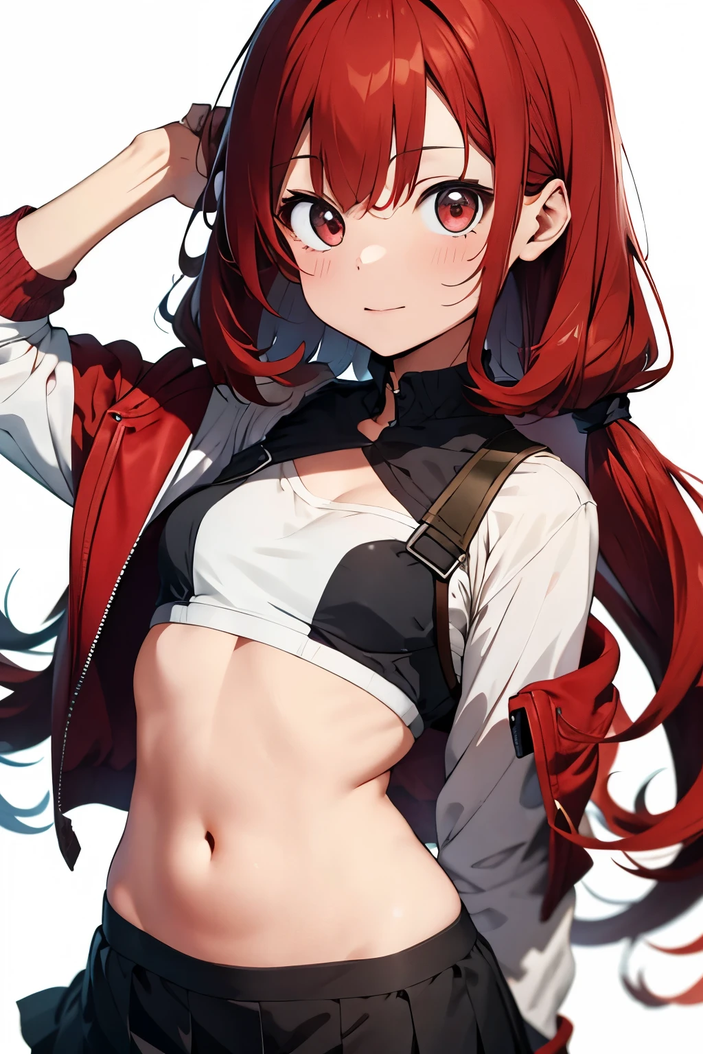 ((masterpiece, highest quality:1.3)),cowboy shot,25 year old beauty,solo,((very small head)),red hair,ponytail hair,long hair,red eyes,blunt,skinny,medium breasts,(long body),slender body,skinny,shiny skin,oily skin,blush,A strong smile、White off-the-shoulder blouse、Crop top、navel、Short sleeve、Brown Leather Gauntlets、Pleated red mini skirt、white_thighhighs、grassland、Blue Sky、
