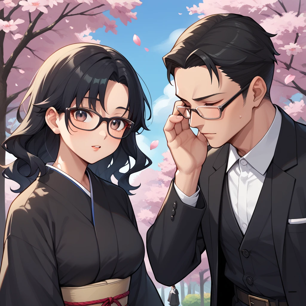 A Japanese woman with wavy black hair borA Japanese woman with wavy black hair and a Japanese man with straight black hair born from among the cherry blossoms. The woman is wearing a black kimono and glasses. The man is wearing a black suit and glasses. American comic style.n from cherry blossom petals. She is wearing a black kimono and glasses. American comic book style. Dark picture