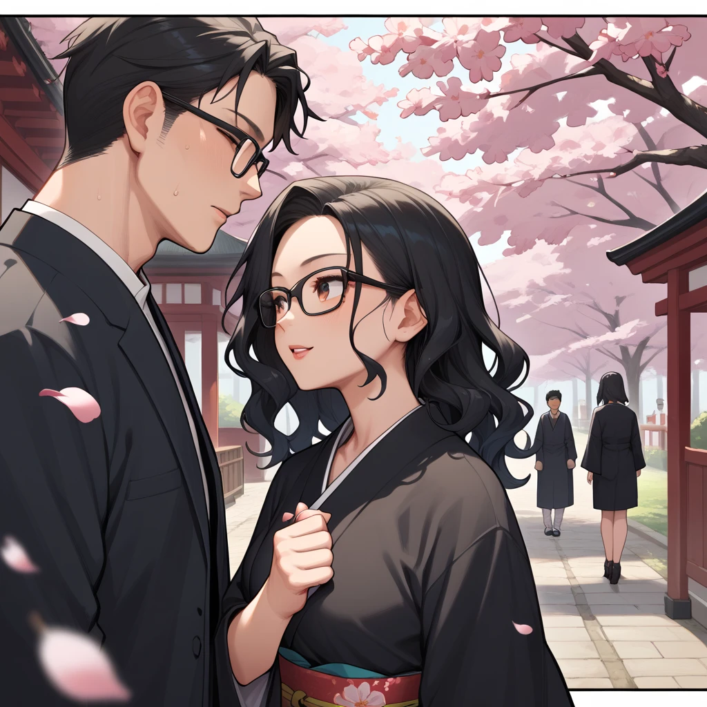 A Japanese woman with wavy black hair borA Japanese woman with wavy black hair and a Japanese man with straight black hair born from among the cherry blossoms. The woman is wearing a black kimono and glasses. The man is wearing a black suit and glasses. American comic style.n from cherry blossom petals. She is wearing a black kimono and glasses. American comic book style. Dark picture