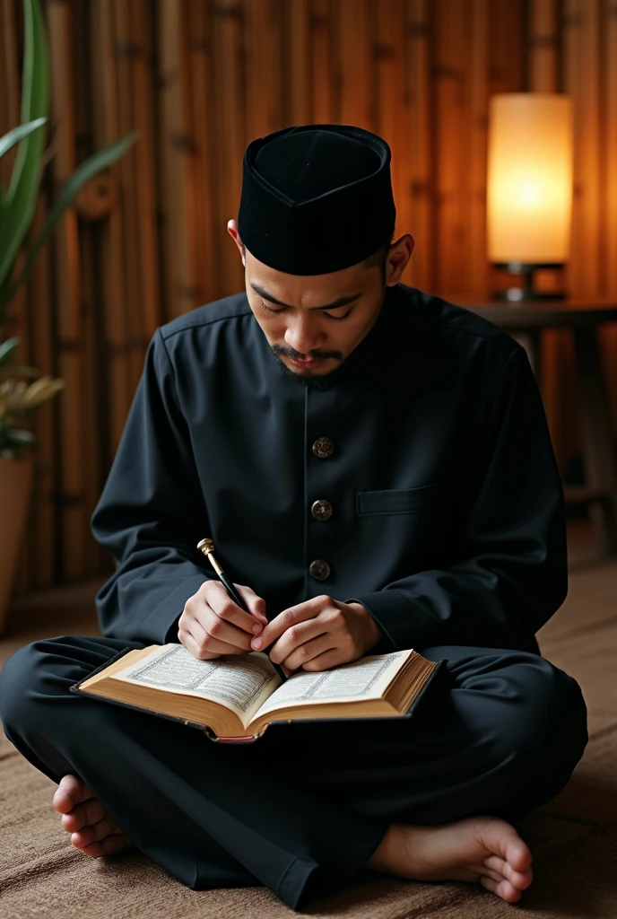 photorealism:1.2),  aesthetic neutral color background on the left, On the right side,  silhouette image of a man wearing a traditional Indonesian black cap reading the hadith book Arbain NAWAWI