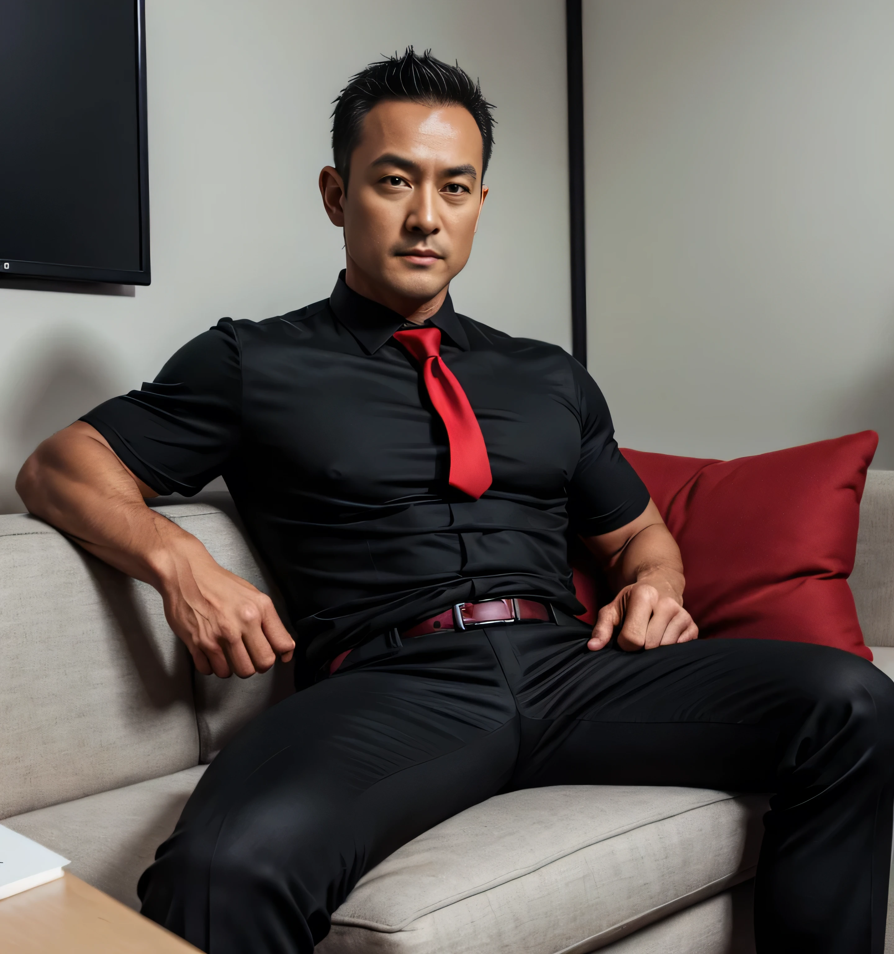 40 years old,Hidetoshi Nakata,(Kogoro Mori 1.3),whole body,Lean,muscle,office,black,foot,Suit,transparent袜子,foot抬起,sofa,Baldhead ,transparent,Thick body hair,underwear,Topless,Densely hairy,Fortitude,HD,With a mustache
