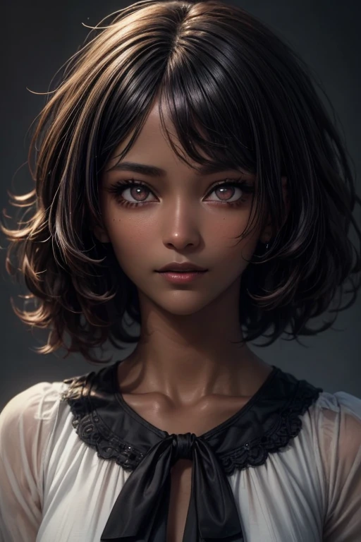 (masterpiece:1.3), (  top quality: 1.4), 
  cinematic writing  , 
( １ girls with light makeup),   beautiful face, (  realistic face), 
  beautiful hairstyle :1.8 , (( bob hair:1.3, Curly Hair))
  Real Eyes ,   beautiful detailed eyes , 
(  real skin ),   Beautiful skin, 
(blouse), 
  absurd,  Charming, 
   Ultra High Resolution,   super real ,   very detailed, ((Dark skin tone:1.5))