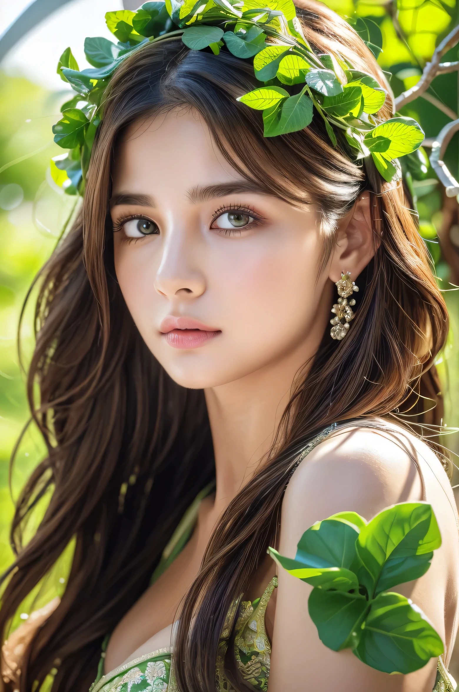 a beautiful girl, detailed facial features, realistic skin, detailed eyes, detailed lips, detailed nose, detailed ears, long eyelashes, intricate hairstyle, flower crown, soft natural lighting, high contrast, dramatic chiaroscuro, delicate skin texture, lush greenery, vines and foliage, fresh cucumber slices tucked in left armpit, ripe banana slices tucked in right armpit, (best quality,4k,8k,highres,masterpiece:1.2),ultra-detailed,(realistic,photorealistic,photo-realistic:1.37),HDR,UHD,studio lighting,ultra-fine painting,sharp focus,physically-based rendering,extreme detail description,professional,vivid colors,bokeh,portrait