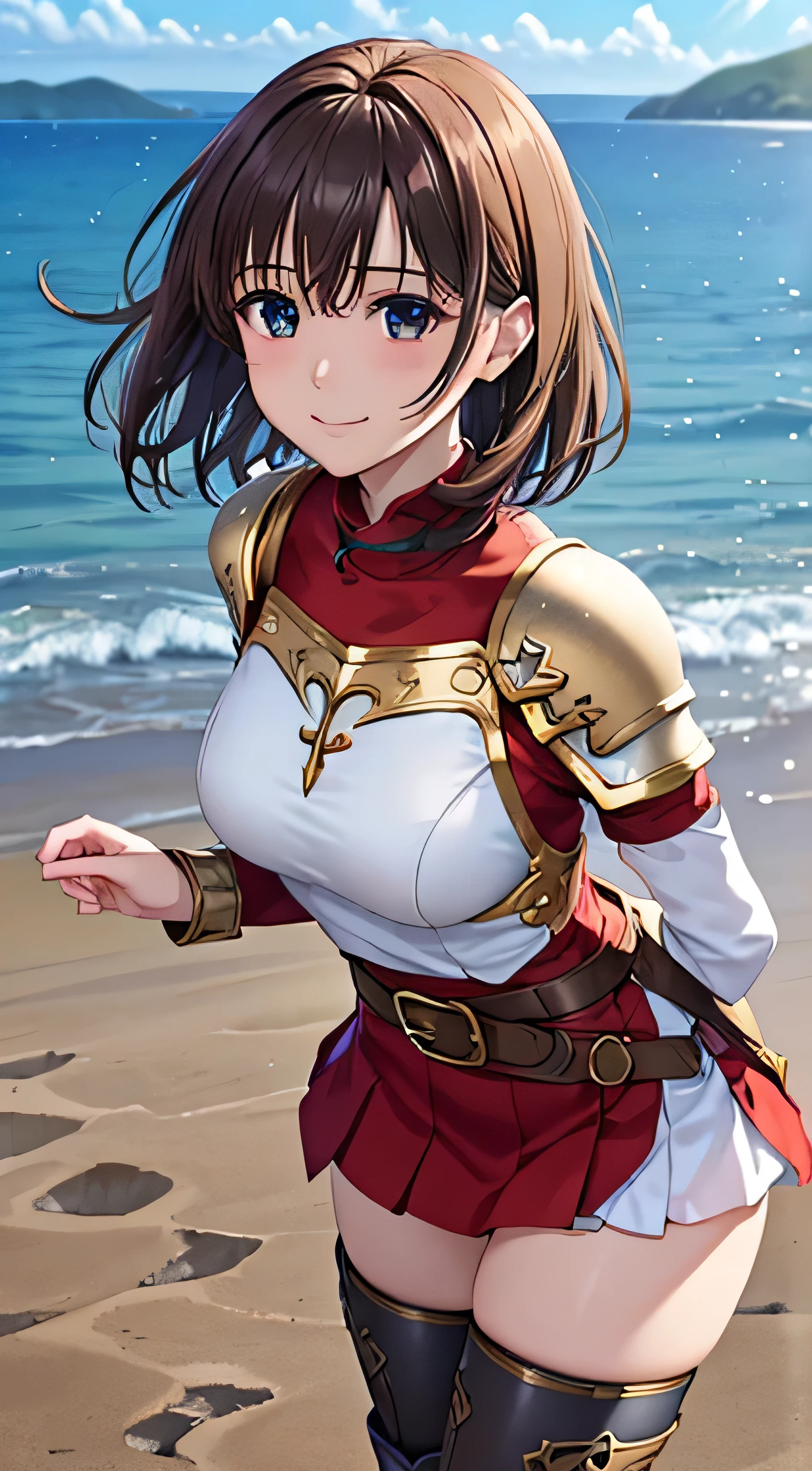 (( , top quality, , Pixel Perfect , 4K,))), 1 Woman , 、 (( medium wave hair 、, light brown hair 、 )), (( brown eyes , beautiful eyelashes , realistic eyes)), (( detailed face , )), (( smooth texture:0.75, realistic texture:0.65, realistic :1.1, anime CG style)), pose using medium bust , dynamic angle , perfect body , (( , ,, , , , white and blue dress , white and blue long flared skirt ,Gold Shoulder Armor 、 open legs、 knee-high boots , gold and black arm guards , belt、 、)), (( with no sense of incongruity , hold the skirt with your hand))、 cross necklace 、 、 ( Vast Prairie )、I can see the sea in the distance 、、、 、 cute smile、A shy, bright red smile 、 Stick Out Your Butt、 lean forward、、、)