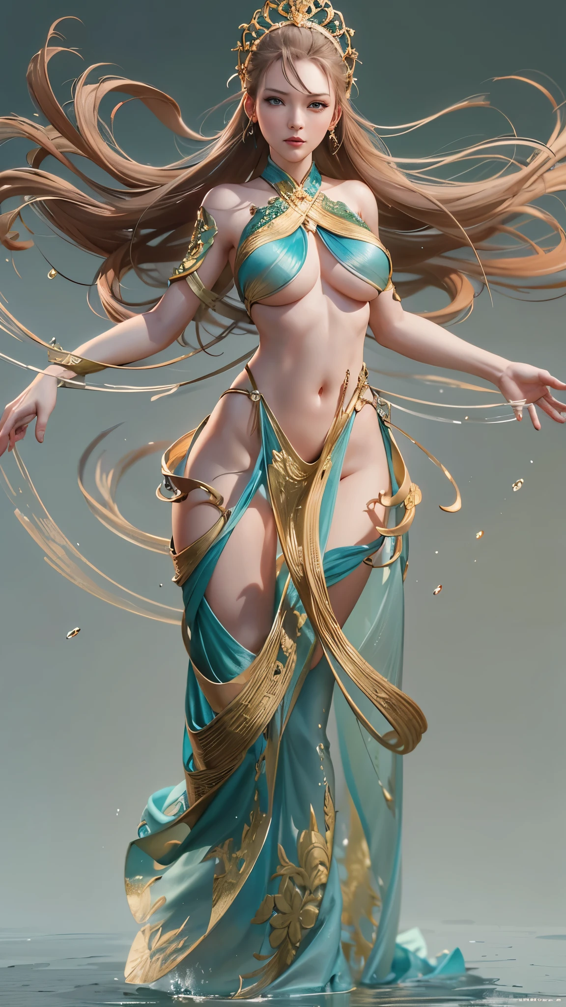 tmasterpiece,Highest image quality,Beautiful bust of noble fox dancer,Exquisite champagne hairstyle for long hair,clear green eyes,(fox ear,furry tail),(veils),barefoot manicure,Ultra-detailed details,advanced。At the Pixiv Art Station,Break your own power,Luigi,Big breasts exposing cleavage,R-18G