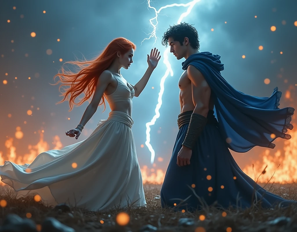 The god of envy fighting against the goddess of creation ,on the ground