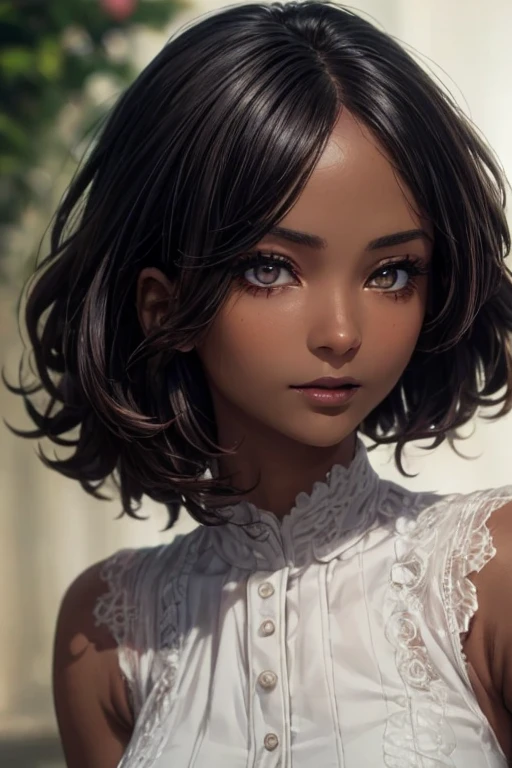 (masterpiece:1.3), (  top quality: 1.4), 
  cinematic writing  , 
( １ girls with light makeup),   beautiful face, (  realistic face), 
 ( beautiful hairstyle :1.8) , (( bob hair:1.3, Curly Hair))
  Real Eyes ,   beautiful detailed eyes , 
(  real skin ),   Beautiful skin, 
(blouse), 
  absurd,  Charming, 
   Ultra High Resolution,   super real ,   very detailed, ((Dark skin tone:1.5))