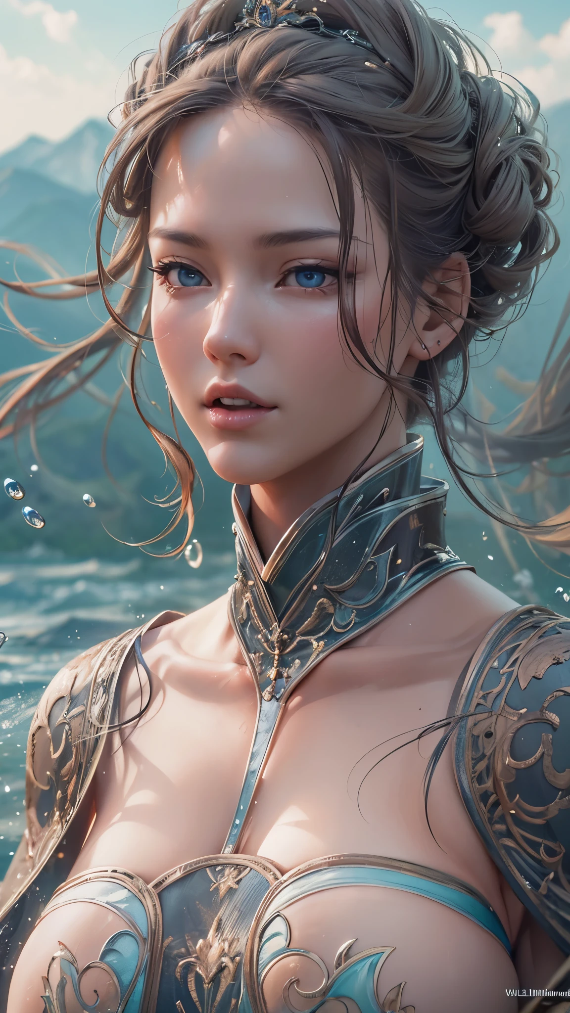  full body high definition image ,Spectacular water bending shots, in front, Photos of the winning entries, Wuxi,One beautiful Russian woman , super close up focusing on her whole body, photographic mountainous background ,  face details, Super Ultra Details, Cinematic Screenshots Unreal Engine, Zbrush3DアートVray, full body high quality image 。