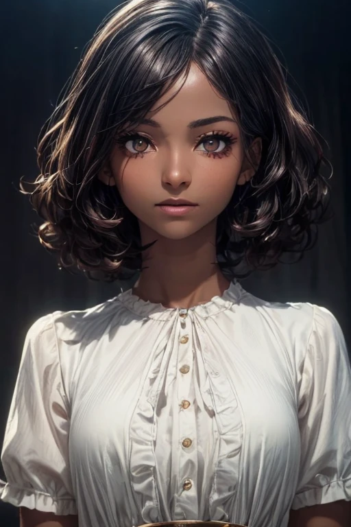 (masterpiece:1.3), (  top quality: 1.4), 
  cinematic writing  , 
( １ girls with light makeup),   beautiful face, (  realistic face), 
 ( beautiful hairstyle :1.8) , (( bob hair:1.3, Curly Hair))
  Real Eyes ,   beautiful detailed eyes , 
(  real skin ),   Beautiful skin, 
(blouse), 
  absurd,  Charming, 
   Ultra High Resolution,   super real ,   very detailed, ((Dark skin tone:1.4))