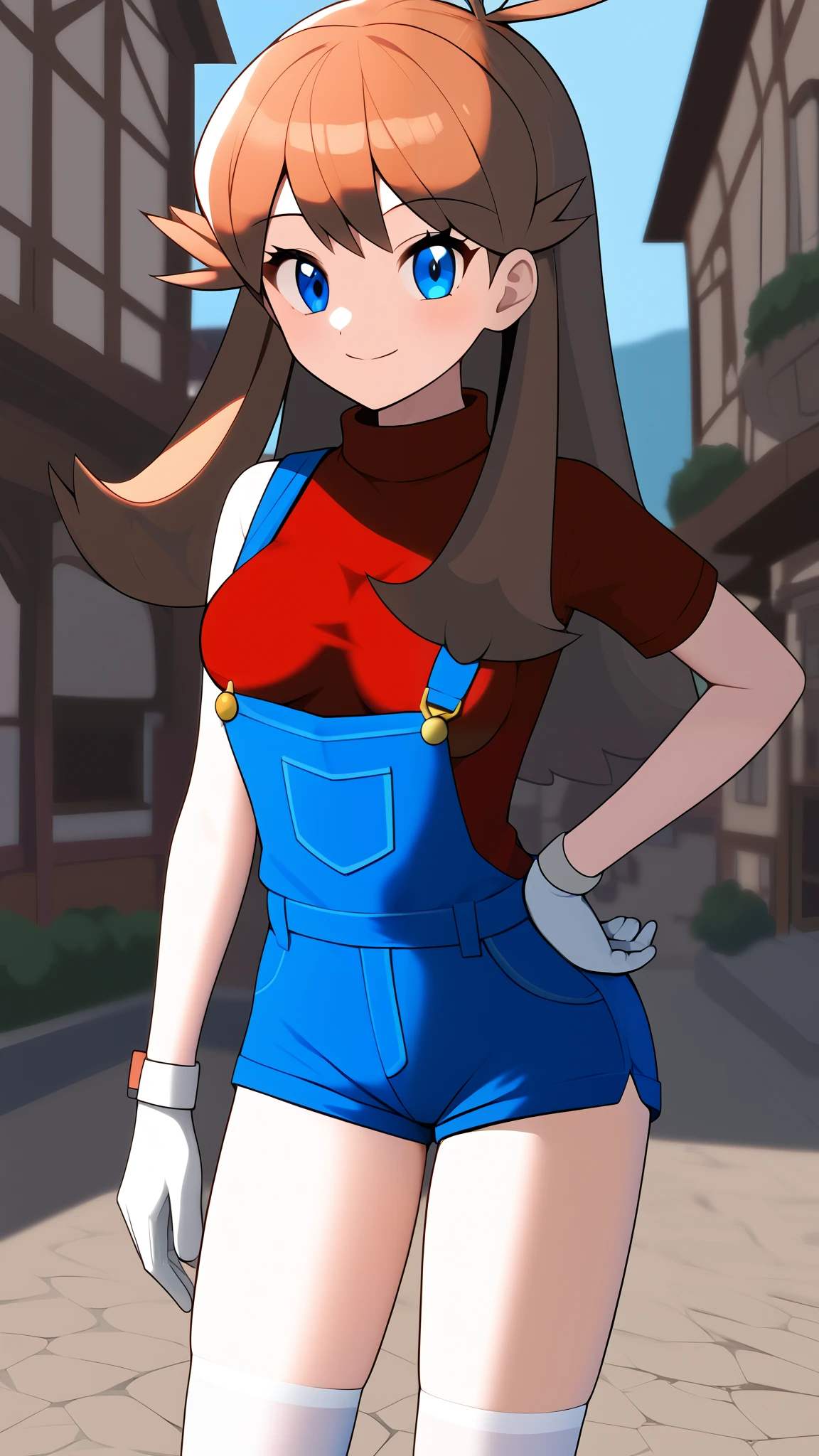 ( top quality )), ((masterpiece)), ( Details), 1girl,  orange brown hair color,  long hair,  blue eyes, red long sleeve shirt , blue shorts overalls,  white knee-high stockings reflective on glass floors,  absolute domain,  Tall,  ANIME COLORING BOOK,  Watch viewers, 1 Female, Age 18,  standing, Three idiot hairs ,  with bangs, whole body, Place one hand on hip,  slim figure,  sexy smile,  seductive smile, Ample breasts, orange laces , Outdoor, town, (\ Pokémon\),  score_9,  score_8_Excellent,  score_7_Excellent,  score_6_Excellent,  source_Anime,  cell shading ,  Flat Color , vector, Two legs, two arms,