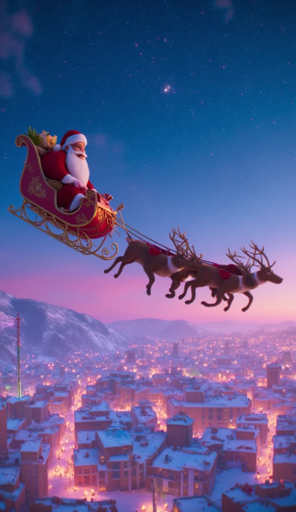 Cinematic aerial view of a jolly Santa Claus soaring through starlit Christmas Eve sky, his enchanted sleigh gliding above snow-dusted cityscape. Pixar-style 3D animation captures twinkling lights, swirling snowflakes, and nine majestic reindeer leading magical journey.