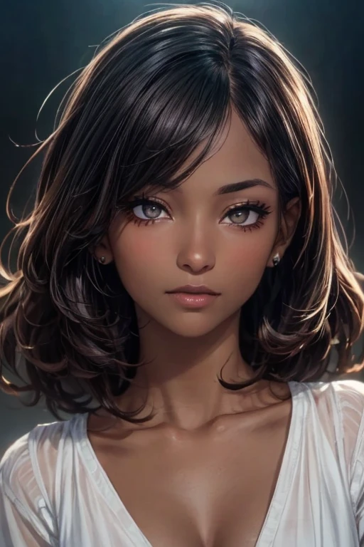 (masterpiece:1.3), (  top quality: 1.4), 
  cinematic writing  , 
( １ girls with light makeup),   beautiful face, (  realistic face), 
 ( beautiful hairstyle :1.8) , ((Long Bob Hair:1.3, Curly Hair))
  Real Eyes ,   beautiful detailed eyes , 
(  real skin ),   Beautiful skin, 
(blouse), 
  absurd,  Charming, 
   Ultra High Resolution,   super real ,   very detailed, ((Dark skin tone:1.4))