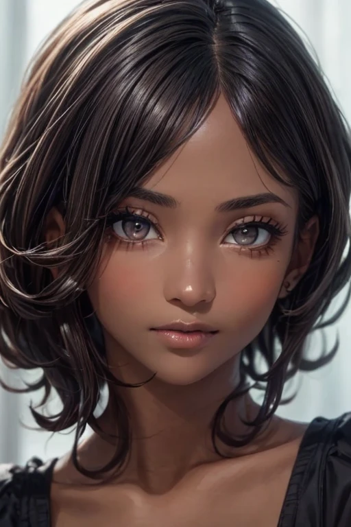 (masterpiece:1.3), (  top quality: 1.4), 
  cinematic writing  , 
( １ girls with light makeup),   beautiful face, (  realistic face), 
 ( beautiful hairstyle :1.8) , ((Long Bob Hair:1.3, Curly Hair))
  Real Eyes ,   beautiful detailed eyes , 
(  real skin ),   Beautiful skin, 
(blouse), 
  absurd,  Charming, 
   Ultra High Resolution,   super real ,   very detailed, ((Dark skin tone:1.4))