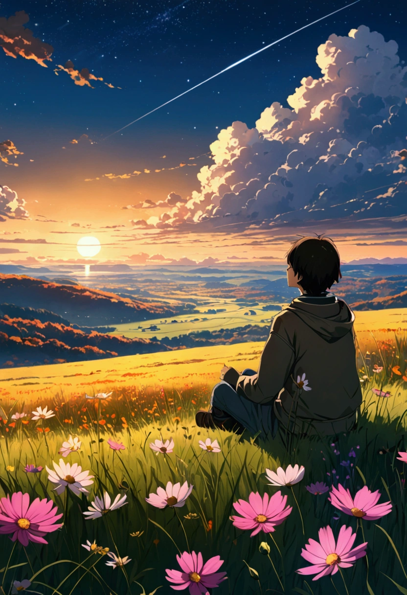 Night scene, Boy sitting on an autumn meadow with lots of clouds, A boy sitting on a cloudy autumn meadow looking at the vast sky full of cosmos, grass, sky, Makoto Shinkai Cyril Roland, 4k anime art wallpaper, 4k anime art wallpaper, Animated background, 8K anime art wallpaper, Animated background art, Animated landscape wallpaper, Amazing wallpaper, HD wallpaper, 4K animation wallpaper, 4K animation wallpaper, Art by Aries Moros, Art: Bob Biary, AI Art by Ashley Wood, Greg Rutkowski