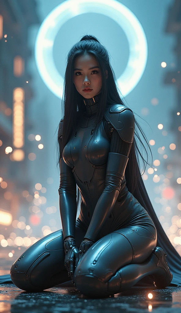 mulher maravilha futurista android humana feminin,aultra realista 8k cg, (futurista:, obra de arte perfeita, obra-prima, cidade futurista, era futurista, mechnical, fantasia), (((fundo detalhado))) Sexy 20 year old Asian woman cyborg model Fresh muscle, amazing incredibly beautiful, sentada, Looking at camera, cabelo preto ondulado brilhante, retrato 50mm, glamour, curvas suaves, bunda gigantesca, quadris largos, fleshy, moist lips, Perfect Cybernetic Body, abs perfeito, 3d, ultra realista, sol