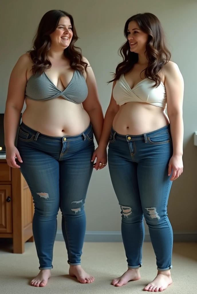 Draw a mother and daughter,white camisole,The mother is 50 years old,slender and a little chubby,Large breasts,big cuvy hips,Full denim skinny shorts,All penetrating T-shirts,All exposed to the navel,Female,big pelvis,Full body photo,Black heels,Long legs with white skin,Shiny,shorter pantature pretty woman,onbed,Open your legs,Small top-bodied T-shirt,Moist clothes,cleanness,sleeveless,Do not show your breasts, Be conservative in the picture,Smile,Daylight,Looks like 1.8 meters tall,Large breasts,big cuvy hips,Thin waist,Many wrinkles, Long legs,skin hyper-detail,Clear pores,in a panoramic view,Cocked buttockature at 90 years old,A noble and elegant Japanese woman, Perfect face, Fantastic look, (Detailed facial features), Clean and nice face,Photorealistic, Sharp focus, Wavy hair, Wrinkles at the corners of the eyes,