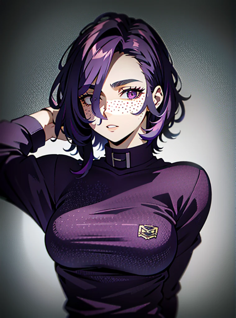 dark purple hair, simple cold weather iconic clothing, jacket, freckles on face, upper body