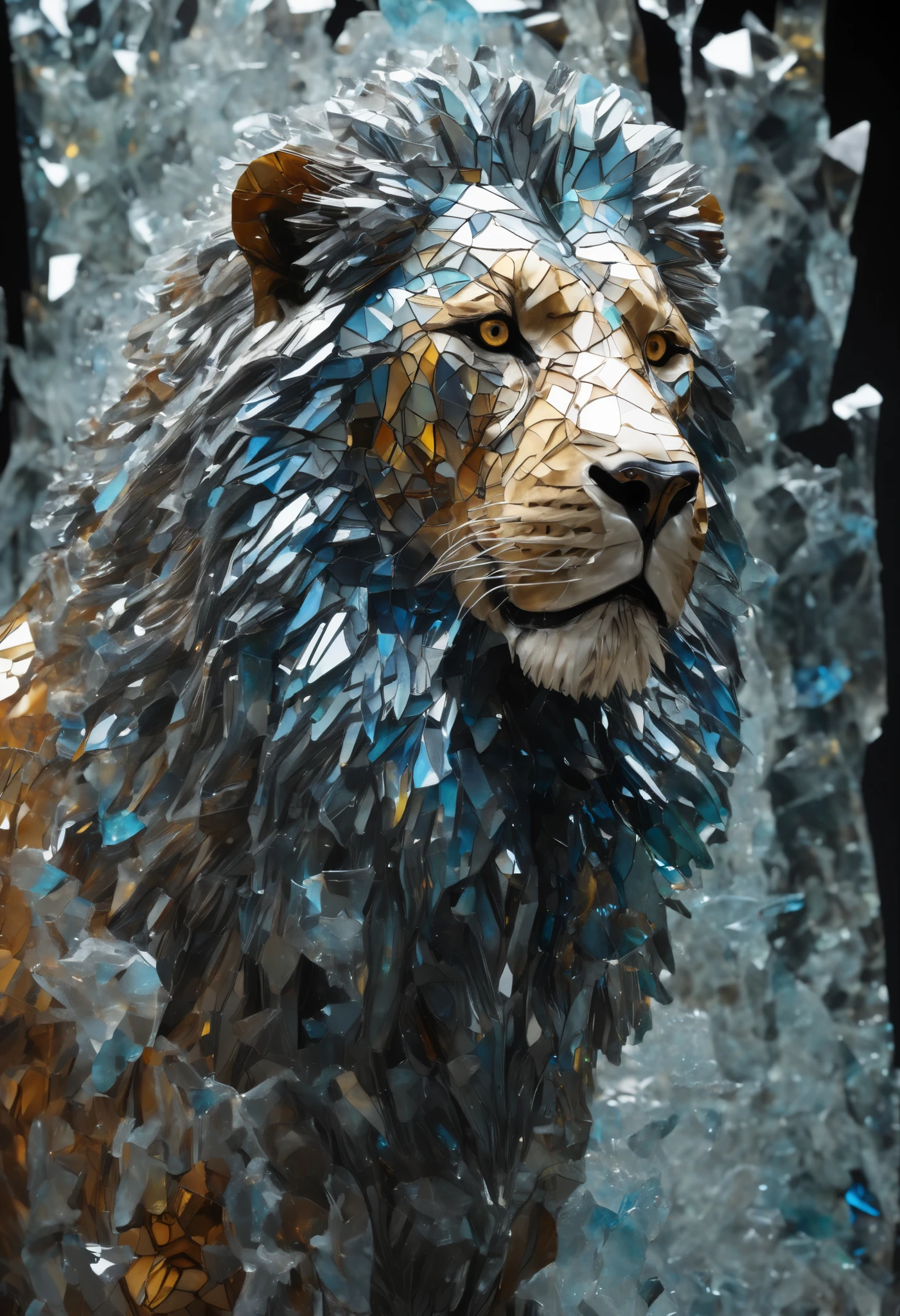  lion ，Made_of_piece_Broken_Glass, realistic animal sculpture, of a lion meticulously assembled from thousands of Glass shards best quality, masterpiece,  super high res, 8k,Canon EOS R3