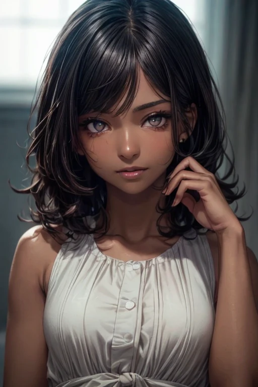 (masterpiece:1.3), (  top quality: 1.4), 
  cinematic writing  , 
( １ girls with light makeup),   beautiful face, (  realistic face), 
 ( beautiful hairstyle :1.8) , ((Long Bob Hair:1.3, Curly Hair))
  Real Eyes ,   beautiful detailed eyes , 
(  real skin ),   Beautiful skin, 
(blouse), 
  absurd,  Charming, 
   Ultra High Resolution,   super real ,   very detailed, ((Dark skin tone:1.4))