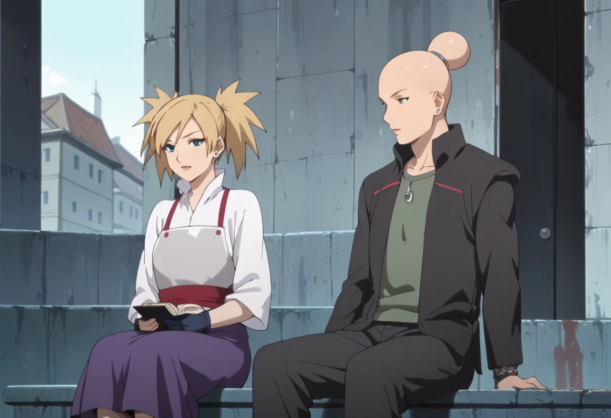 score_9, score_8_up, score_7_up, source_anime, TemariNS, couple focus, 1boy, 1girl, anime screencap, sitting, 1boy,bald boy, bigger male, bald male, 