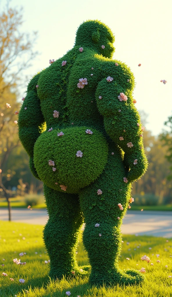 (best quality, 128k,highres,masterpiece:1.2),ultra-detailed,(realistic,photorealistic,photo-realistic:1.37), ((masterpiece)) ((photography)) ((Highest quality))  a humorous and artistic illustration of a topiary shaped like the silhouette of a man, with a playful and exaggerated design. The sculpture focuses on the figure’s muscular build but adds a comical twist by giving special attention to the man’s oversized, round backside, exaggerated in a lighthearted and fun way. The topiary is crafted from vibrant green leaves, with small flowers accentuating the contours for added charm. The scene is illuminated by soft, golden sunlight, casting playful shadows, and the background is minimal to highlight the humorous detail of the sculpture.