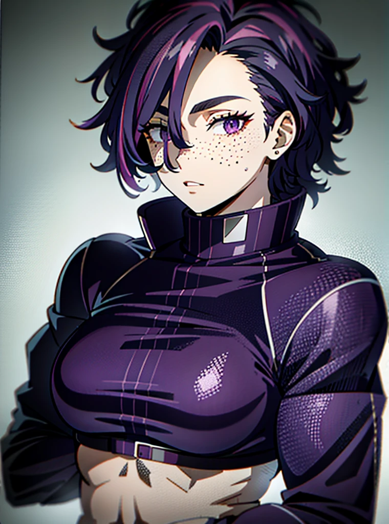 dark purple hair, simple cold weather iconic clothing, jacket, freckles on face, upper body