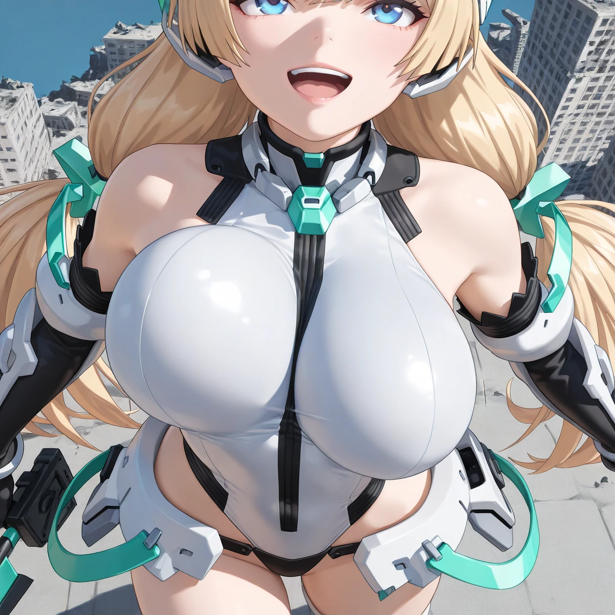 ( Super Realistic Pictures , RAW photos  , realism , 3d rendering ,Unity Engine), BRAEK (Angela_Balzac,  One girl ,  long hair, Alone, very  long hair,  blue eyes,  leotards, Blonde,  twin tails,  gloves, elbow  gloves,  headgear , low  twin tails, Bare shoulders, large breasts:0.6, bangs, Saito_Masatsugu Art Style), break (from above, looking up, face focus,(close-up:1.4)),( Ruined Town、Destroyed Townscapes),break ((weapon between fingers )),(bouncing breasts),break (cheerful, beautiful breasts, Epic Battle Scene, laughing)