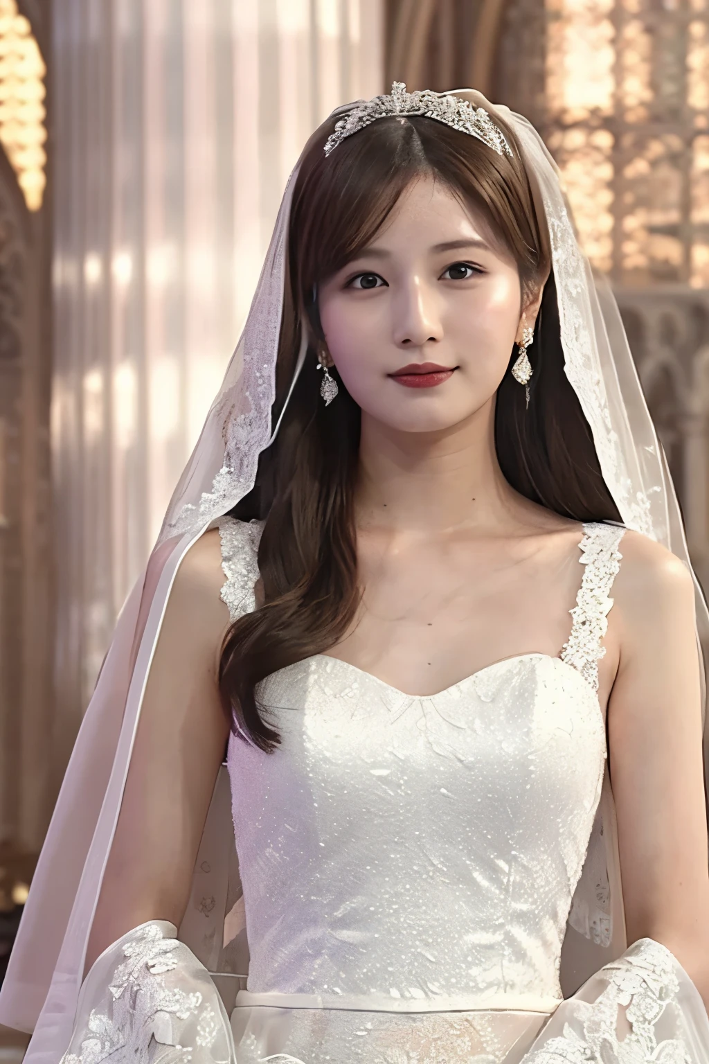  1 girl, ( wear a wedding dress:1.3), (Veil),  Portrait of a Very Beautiful Japanese Actress, 
( RAW photo,  top quality ), ( realistic ,  realistic :1.4), (masterpiece), 
 Very Delicate and Beautiful ,  very detailed, 2k wallpaper,  amazing, finely,  very detailed CG Unity 8K wallpaper,  very detailed,  High Definition , Soft light, 
 Girl with Beautiful Details Showing Her Side Chest ,  very detailed目と顔,  Beautiful and Refined Nose,  beautiful beautiful eyes under the sun,  movie lighting, 
(のwhole bodyのシルエット:1.3), (gothic cathedral background:1.3), (Large Temple Stained Glass ), (whole body), (Transmits light), 
Perfect Anatomy ,  slender body,  small breasts