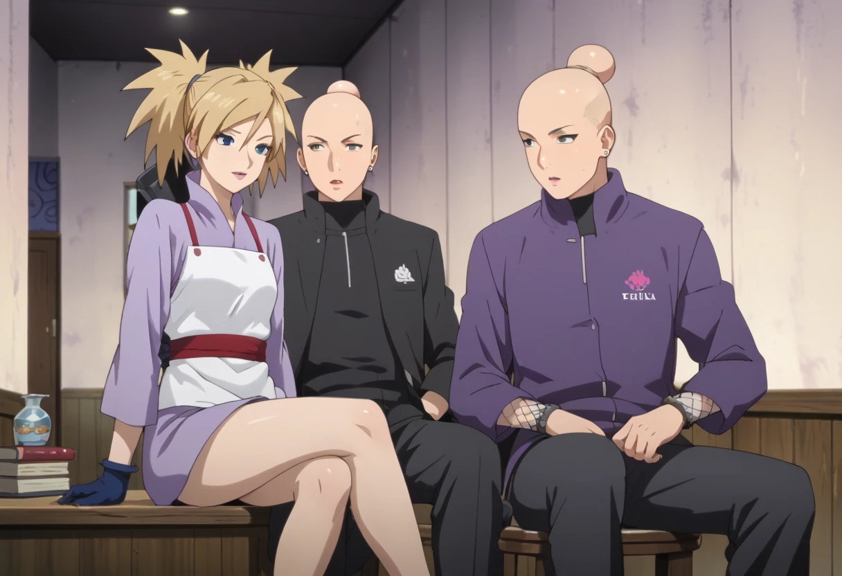 score_9, score_8_up, score_7_up, source_anime, TemariNS, miniskirt, beautiful legs, sexy legs, couple focus, 1boy, 1girl, anime screencap, sitting, 1boy,bald boy, bigger male, bald male, 