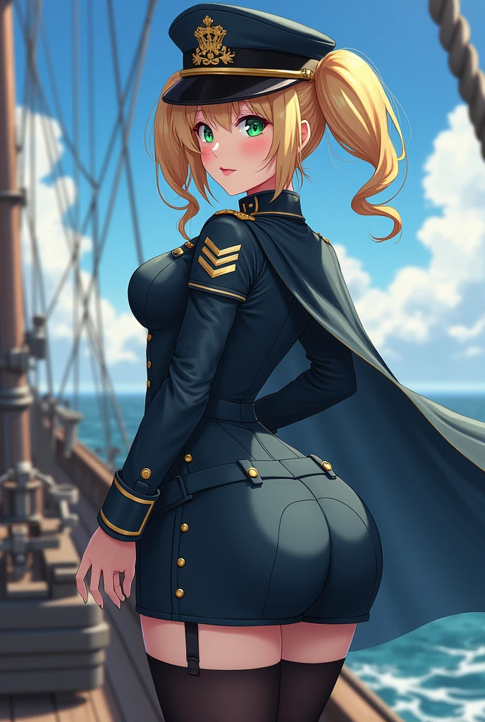 A high school brown skin beautiful girl with large chests and hourglass body. Her hair is blonde and long to butt, she is piercings ears and wearing uniform.