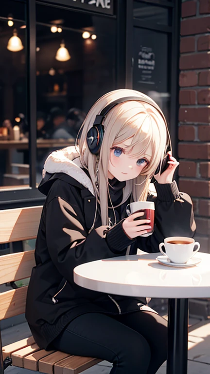 Winter coffee shop 　Sitting sideways　woman wearing headphones　Black tea　Snow on the landscape 