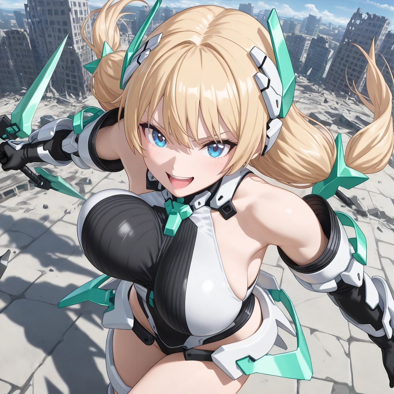 ( Super Realistic Pictures , RAW photos  , realism , 3d rendering ,Unity Engine), BRAEK (Angela_Balzac,  One girl ,  long hair, Alone, very  long hair,  blue eyes,  leotards, Blonde,  twin tails,  gloves, elbow  gloves,  headgear , low  twin tails, Bare shoulders, large breasts:0.6, bangs, Saito_Masatsugu Art Style), break (from above, looking at viewer, face focus,(close-up:1.4)),( Ruined Town、Destroyed Townscapes),break ((weapon between fingers )),(bouncing breasts),break ((cheerful, beautiful breasts, Epic Battle Scene, laughing))