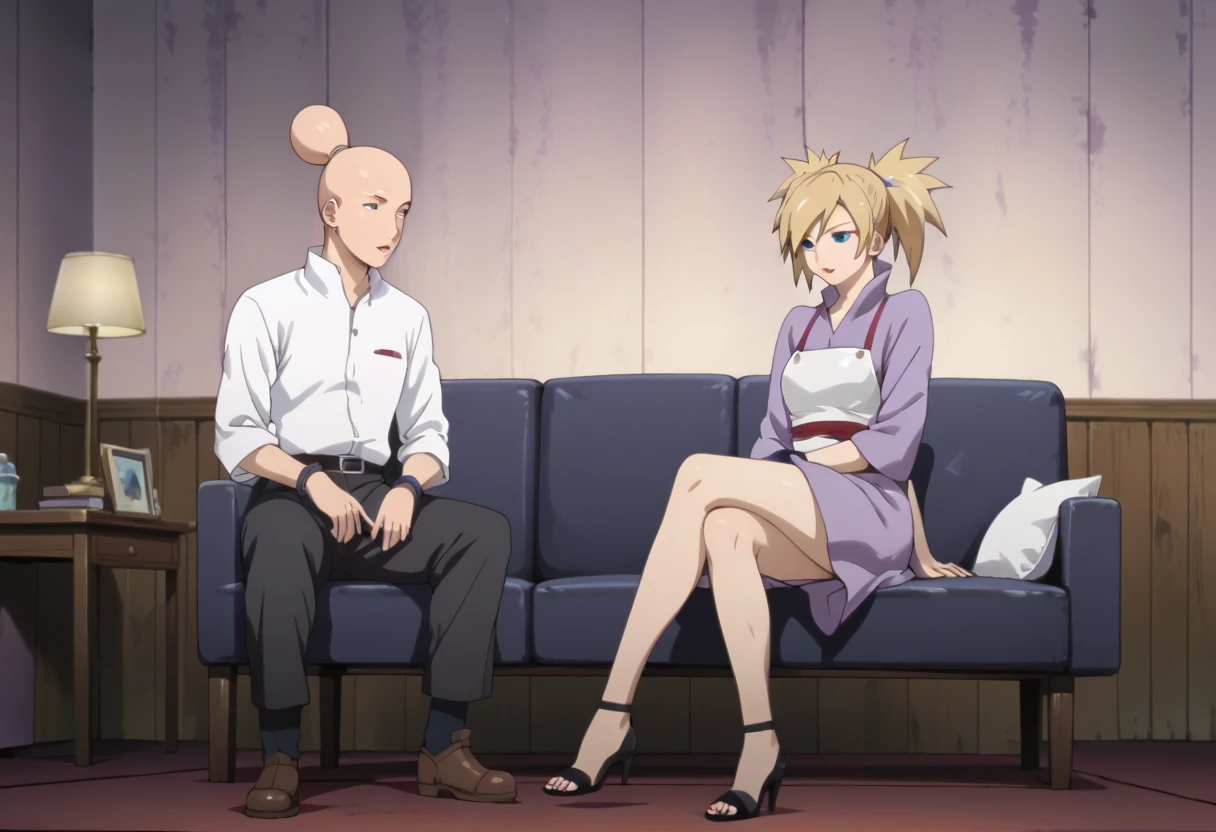 score_9, score_8_up, score_7_up, source_anime, TemariNS, miniskirt, beautiful legs, sexy legs, couple focus, 1boy, 1girl, anime screencap, sitting, 1boy,bald boy, bigger male, bald male, 