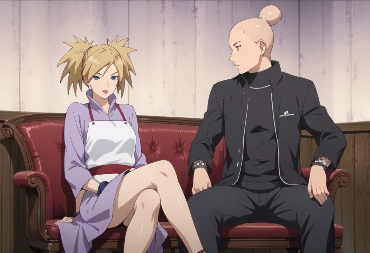 score_9, score_8_up, score_7_up, source_anime, TemariNS, miniskirt, beautiful legs, sexy legs, couple focus, 1boy, 1girl, anime screencap, sitting, 1boy,bald boy, bigger male, bald male, 