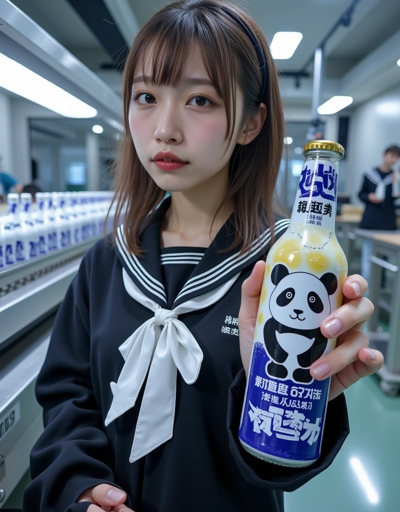 ultra-realistic, photorealistic, dramatic scene, shadow, global-illumination, solo, very beautiful Japanese woman, she is high  student, she works part-time at the factory, very beautiful with very cute but boyish cool face, wearing high school sailor uniform, she is working at the beverage factory, She is holding and showing the bottle of energy drink, Many identical bottles are being carried on a conveyor belt in an orderly fashion, the energy drink bottle\(\(\(text on the bottle:"man-eating panda" in a brushstroke font\)\), terrifying cute panda is printed on the bottle, blue label on the dark bottle, large, upper body of detailed panda\), (extremely detailed bottle label), the factory is futuristically fully automated, shoot from side